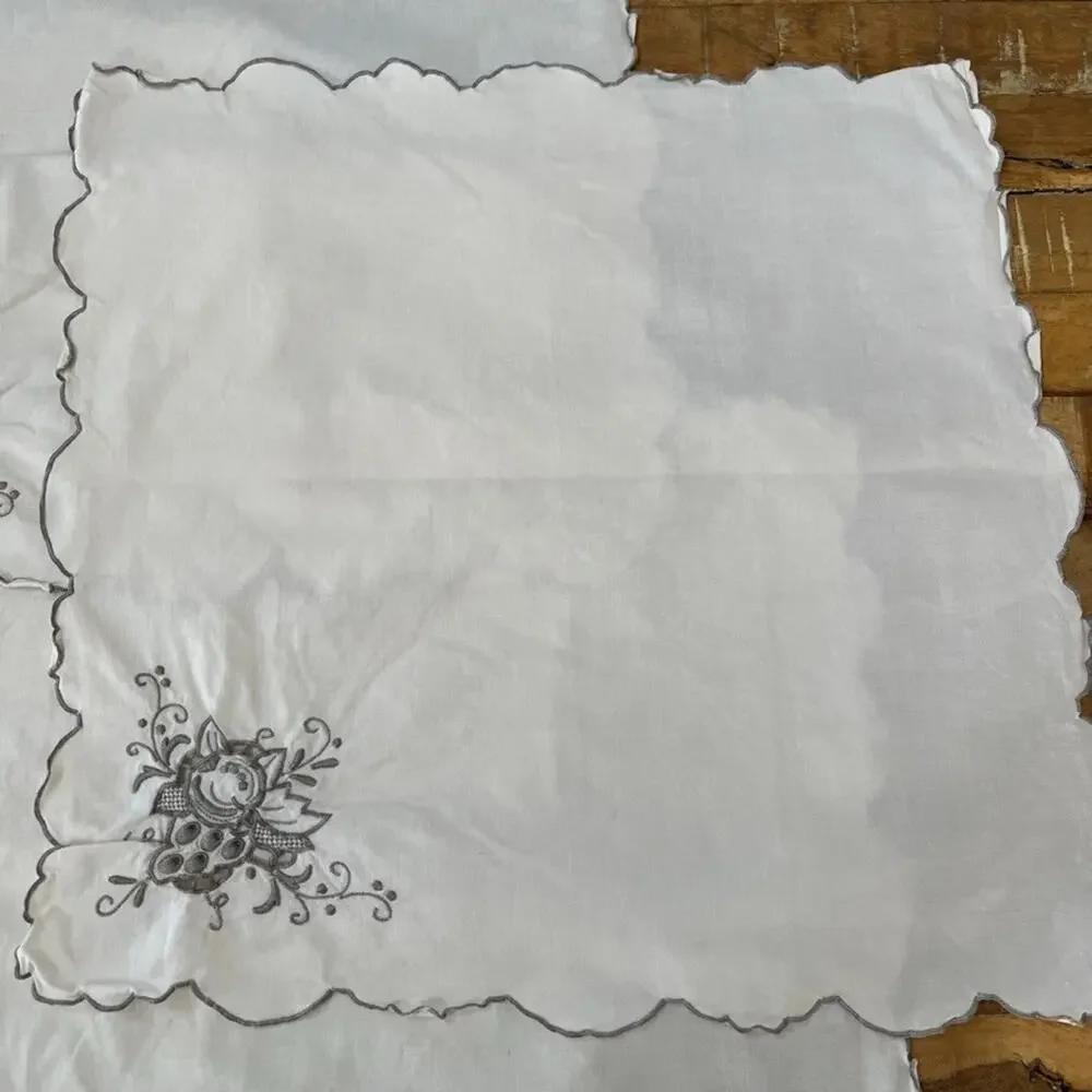 White & Gray Cotton Table Napkins Set of 5 16 x 16 in Floral Corner Embroidery
